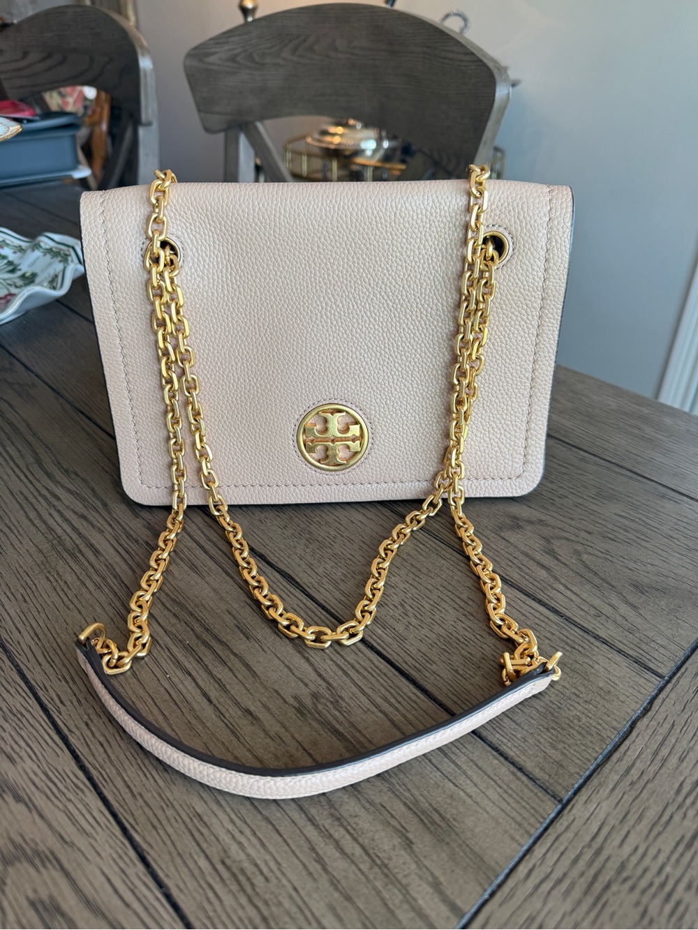 Tory Burch Pebbled Cream Leather Chain Crossbody with Gold Hardware